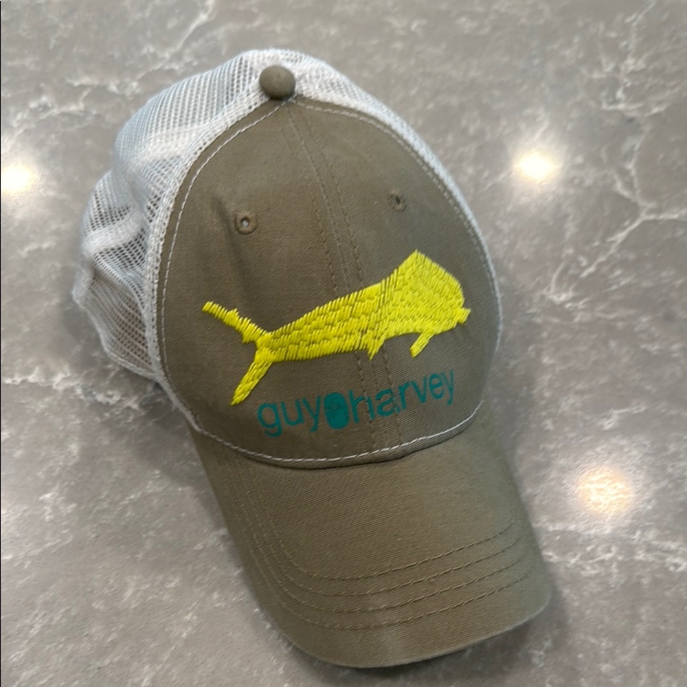 Guy Harvey Tan White Neon Yellow Mesh Trucker Marlin Fishing Hat